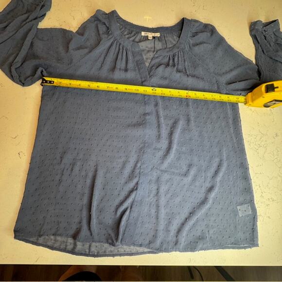 DR2 Blue Chiffon Clip Dot Sheer Button Front Blouse Sz Large - Picture 7 of 11